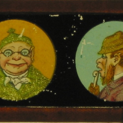 Placa de Linterna Mágica con retratos de personajes caricaturescos