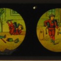Placa de Linterna Mágica de Gebrüder Bing (G.B.N.) con una secuencia narrativa infantil sobre escolares traviesos.