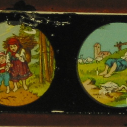 Placa de Linterna Mágica con cuatro escenas infantiles campestres, Maison de la Bonne Presse