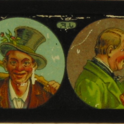 Placa de linterna mágica con cuatro caricaturas de personajes populares masculinos.