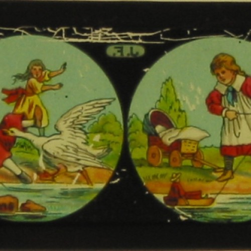 Placa de Linterna Mágica Ernst Plank con escenas infantiles en tira