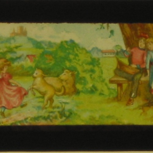 Placa panorámica para Linterna Mágica con escena bucólica infantil coloreada