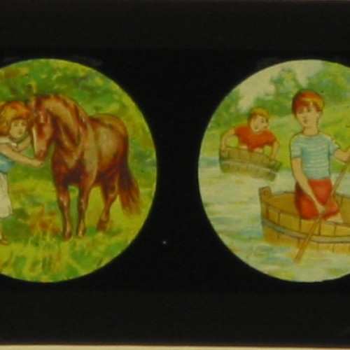 Placa de Linterna Mágica con cuatro escenas infantiles coloreadas