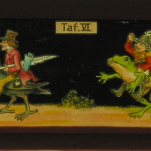Placa de Linterna Mágica de Ernst Plank (E.P.) con cuatro escenas fantásticas de jinetes sobre animales, serie Taf. VI.