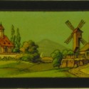 Placa de Linterna Mágica con paisaje panorámico ecléctico, coloreada a mano o por plantilla.