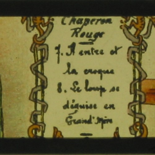 Placa de Linterna Mágica en color con dos escenas de la serie del cuento "Caperucita Roja" (Le Chaperon Rouge).