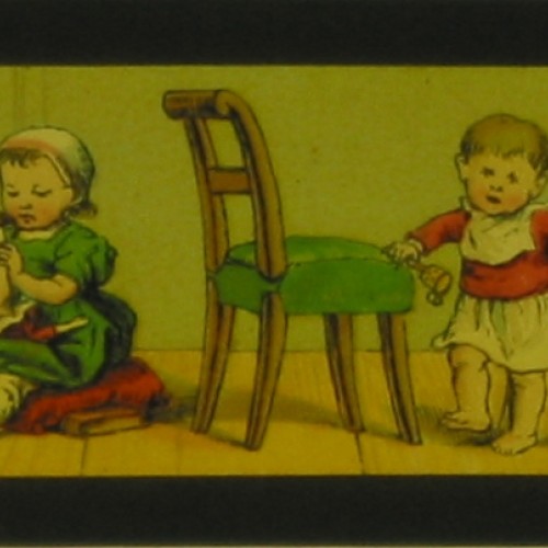 Placa de Linterna Mágica alemana con tira narrativa de escenas de juegos infantiles