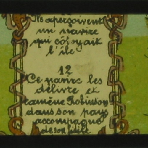Placa de Linterna Mágica coloreada a mano, escena de la serie "Robinson Crusoe", El Rescate.