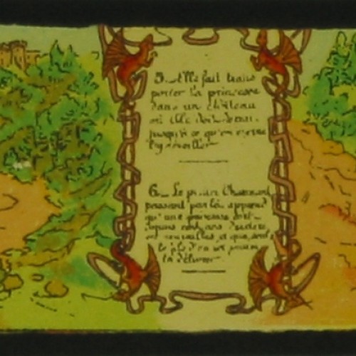 Placa de Linterna Mágica en formato tira con escenas 5 y 6 de un cuento de hadas, con texto en francés.