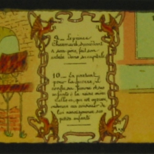 Placa de Linterna Mágica en formato tira con dos escenas (9 y 10) de un cuento de hadas sobre un príncipe.