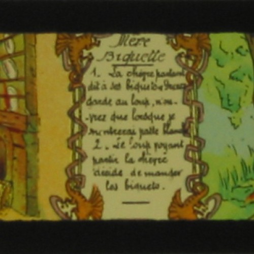 Placa de Linterna Mágica en color: Cuento infantil 'Mère Biquette' (El Lobo y los Siete Cabritillos)