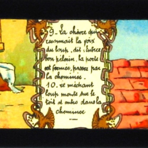 Placa de Linterna Mágica en tira con viñetas del cuento 'El Lobo y los Siete Cabritillos'