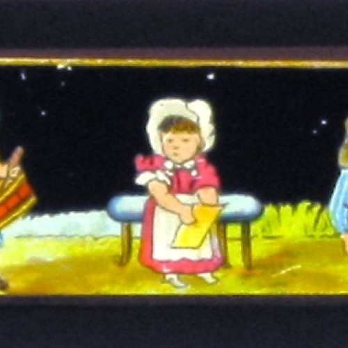 Placa de Linterna Mágica en formato tira con cinco escenas infantiles nocturnas coloreadas a mano