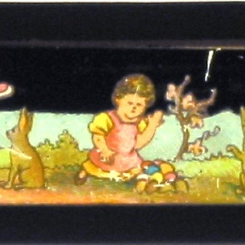 Placa de cristal para Linterna Mágica con tira de viñetas infantiles con conejos antropomórficos y niños, de temática probableme