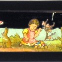 Placa de cristal para Linterna Mágica con tira de viñetas infantiles con conejos antropomórficos y niños, de temática probableme
