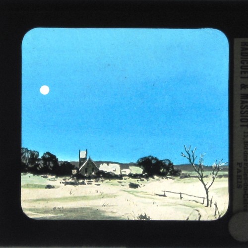 Placa de Linterna Mágica: Paisaje rural con iglesia y luna, por Radiguet & Massiot