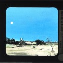 Placa de Linterna Mágica: Paisaje rural con iglesia y luna, por Radiguet & Massiot