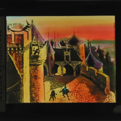 Placa de linterna mágica francesa con escena fantástica de un castillo, fabricada por Radiguet & Massiot para Projections Molten