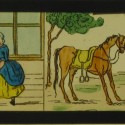 Placa de Linterna Mágica sobre Don Quijote y Rocinante, coloreada a mano