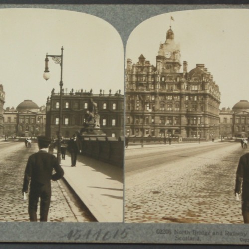 Tarjeta estereoscópica del North Bridge y el Hotel Balmoral, Edimburgo, ca. 1903