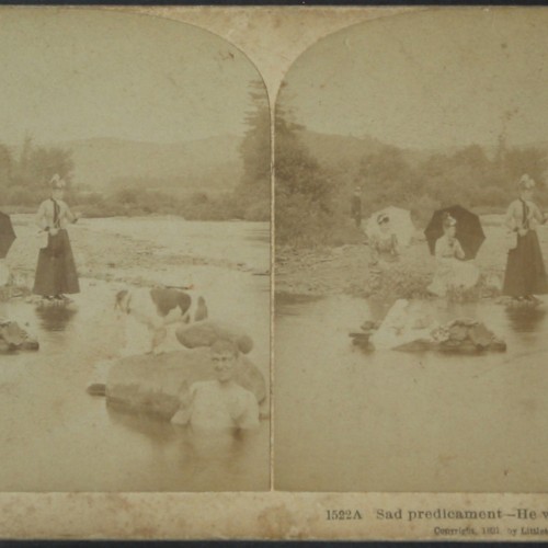 Tarjeta estereoscópica "Sad predicament - He wants to go home", Littleton View Co. (1891)