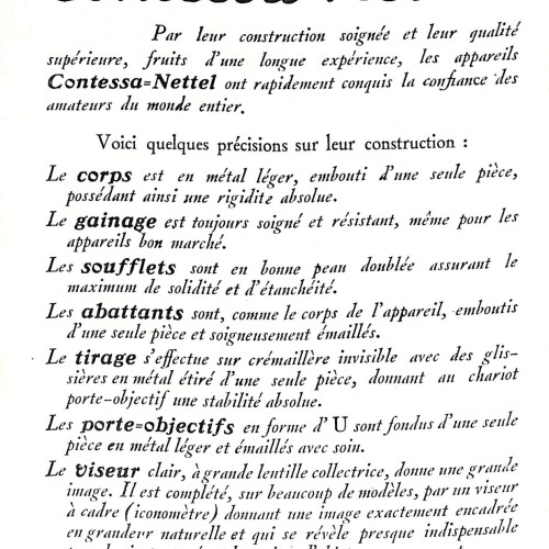 Folleto publicitario y catálogo de cámaras Contessa-Nettel, distribuido por J. Chotard