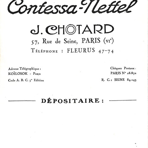 Folleto publicitario y catálogo de cámaras Contessa-Nettel, distribuido por J. Chotard