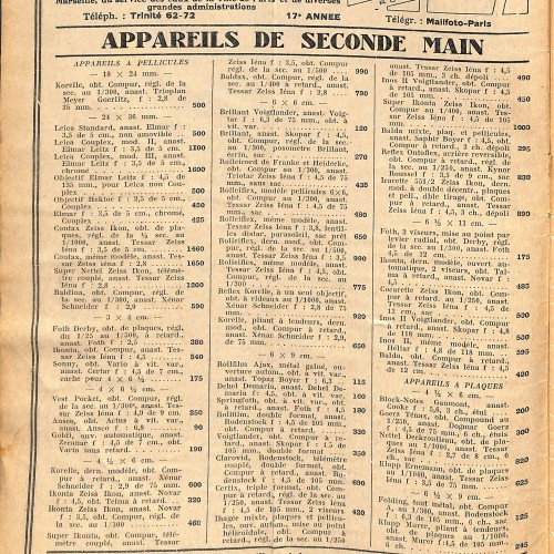 Catálogo publicitario francés de equipamiento fotográfico y cinematográfico, circa 1936.