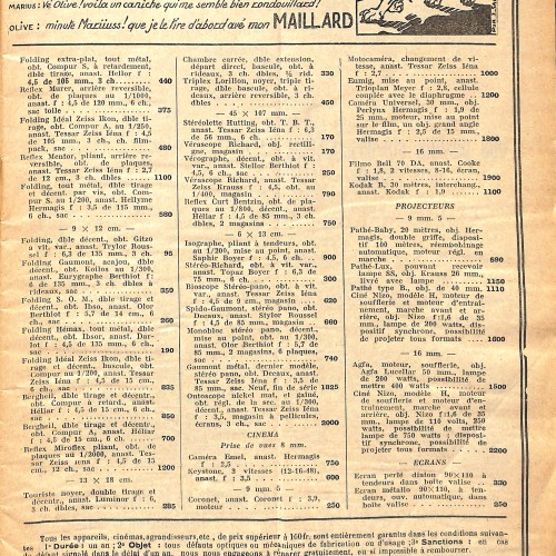 Catálogo publicitario francés de equipamiento fotográfico y cinematográfico, circa 1936.