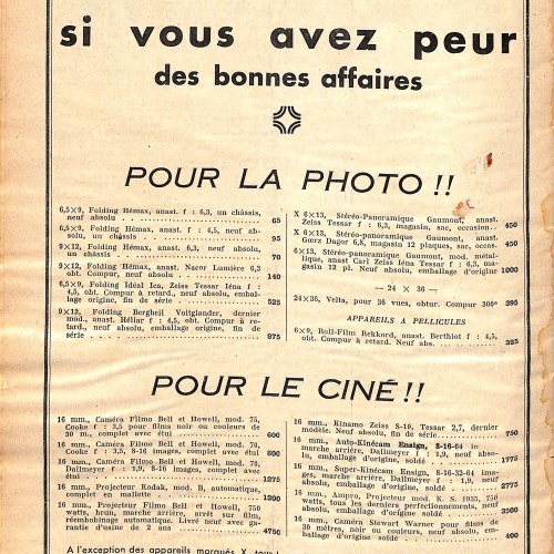 Catálogo publicitario francés de equipamiento fotográfico y cinematográfico, circa 1936.