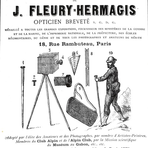 Folio publicitario del aparato fotográfico para turistas de J. Fleury-Hermagis, circa 1875