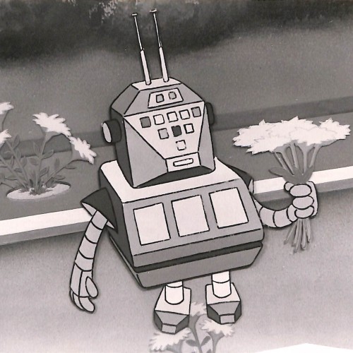 Fotografia Celuloide de animación original mostrando a un robot con flores