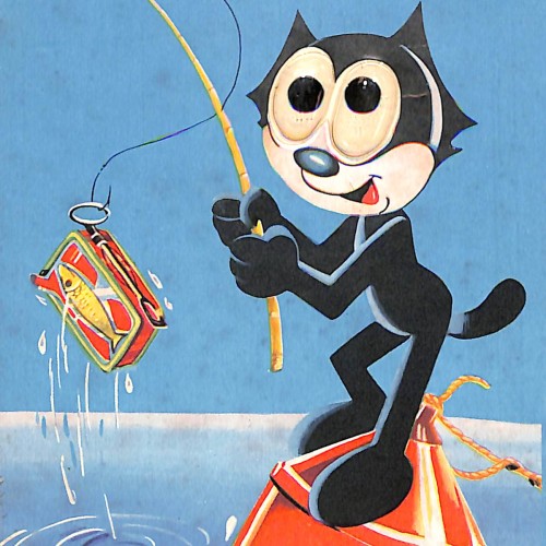 Postal ilustrada del Gato Félix pescando una lata de sardinas, Edizioni del Colombo, Milano