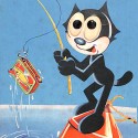 Postal ilustrada del Gato Félix pescando una lata de sardinas, Edizioni del Colombo, Milano