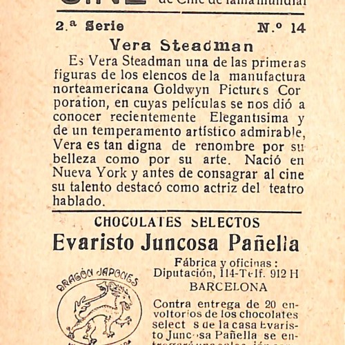 Cromo coleccionable de Vera Steadman, Colección Chocolates Juncosa