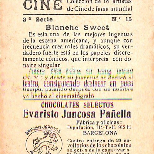 Cromo coleccionable de la actriz Blanche Sweet, Chocolates Juncosa