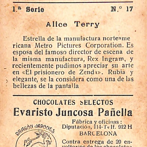 Cromo coleccionable de Alice Terry, Chocolates Evaristo Juncosa