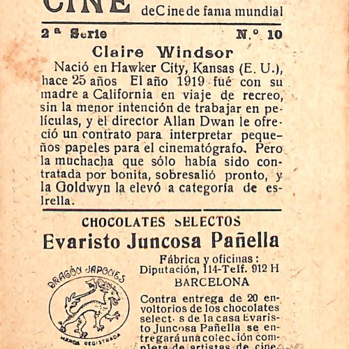 Cromo Colección 18 artistas de Cine de fama mundial - Claire Windsor - Chocolates Juncosa