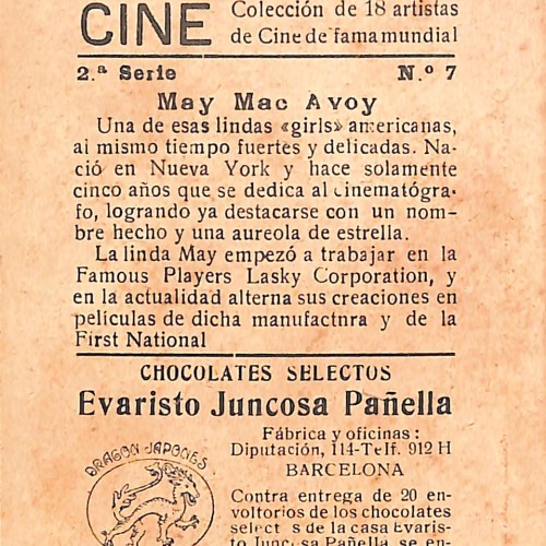 Cromo coleccionable de May McAvoy, Chocolates Selectos Evaristo Juncosa Pañella