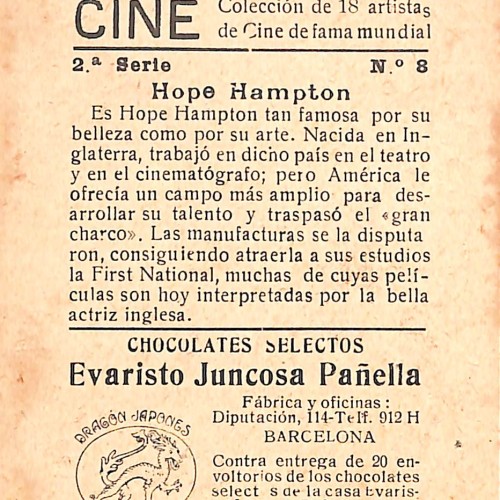 Cromo de Hope Hampton - Chocolates Selectos Evaristo Juncosa Pañella