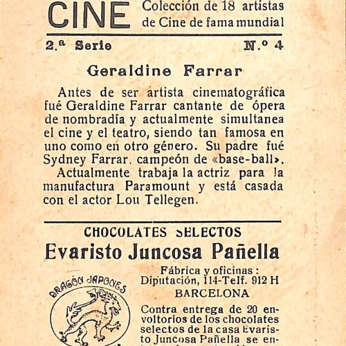 Cromo coleccionable de Geraldine Farrar, Chocolates Selectos Evaristo Juncosa Pañella