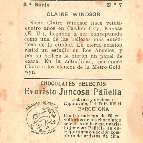 Cromo coleccionable de Claire Windsor, Chocolates Evaristo Juncosa Pañella