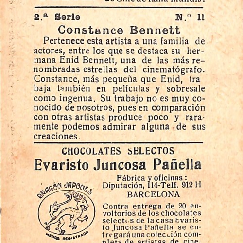 Cromo de la actriz Constance Bennett, serie Cine de Evaristo Juncosa Pañella