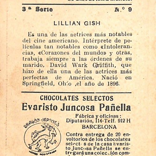 Cromo coleccionable de Lillian Gish, Chocolates Evaristo Juncosa Pañella