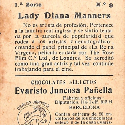 Cromo coleccionable de Lady Diana Manners, Chocolates Juncosa