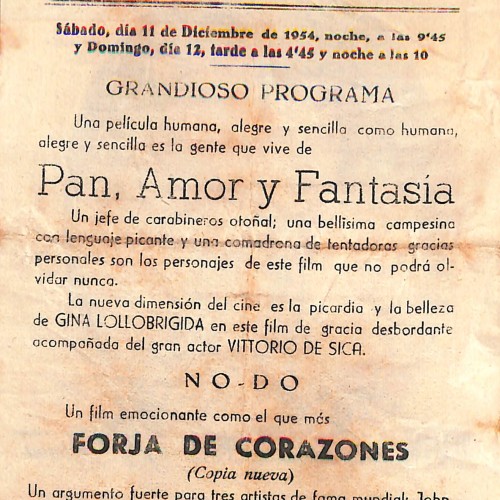Programa de mano de la película 'Pan, Amor y Fantasía' del Cine Casino Caldense