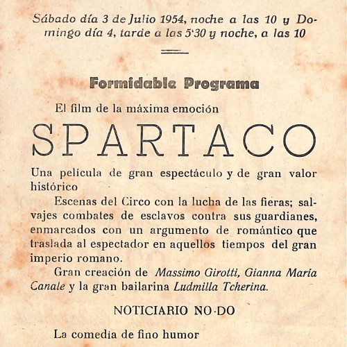 Programa de mano de la película "Spartaco" (1953) y "Matrimonio en dos veces"