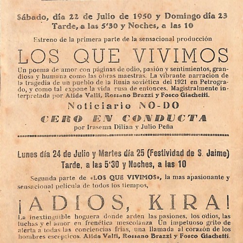 Programa de mano de la película 'Los que vivimos' y '¡Adiós Kira!'