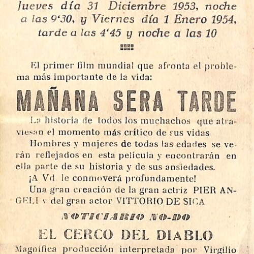 Programa de mano de la película 'Mañana será tarde' para el Cine Casino Caldense (1953)