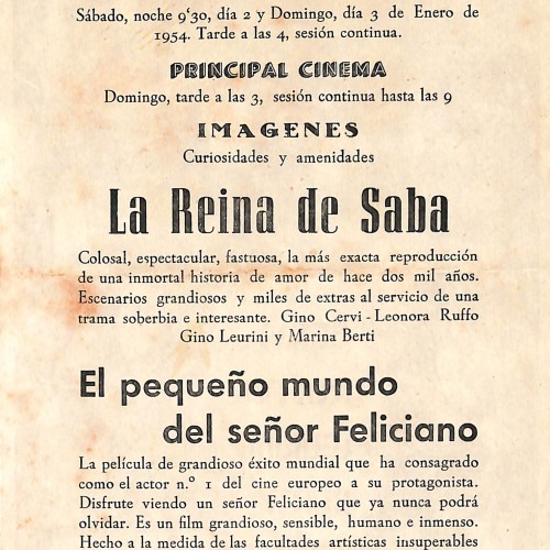 Programa de mano de cine español de 'La Reina de Saba' (1952)